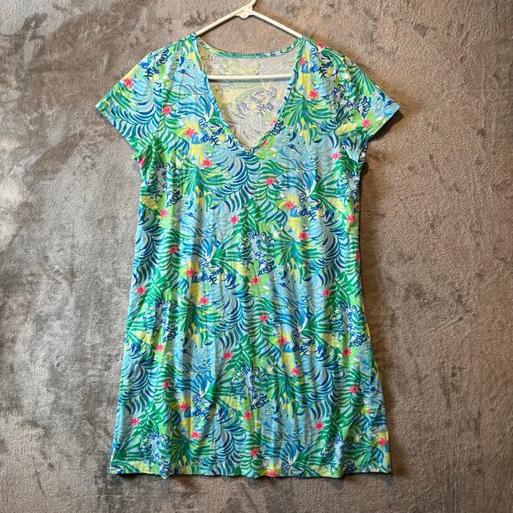 Lilly Pulitzer Etta V-Neck Dress Pima Cotton Blue Green Via Parigi Size Large - Picture 1 of 6